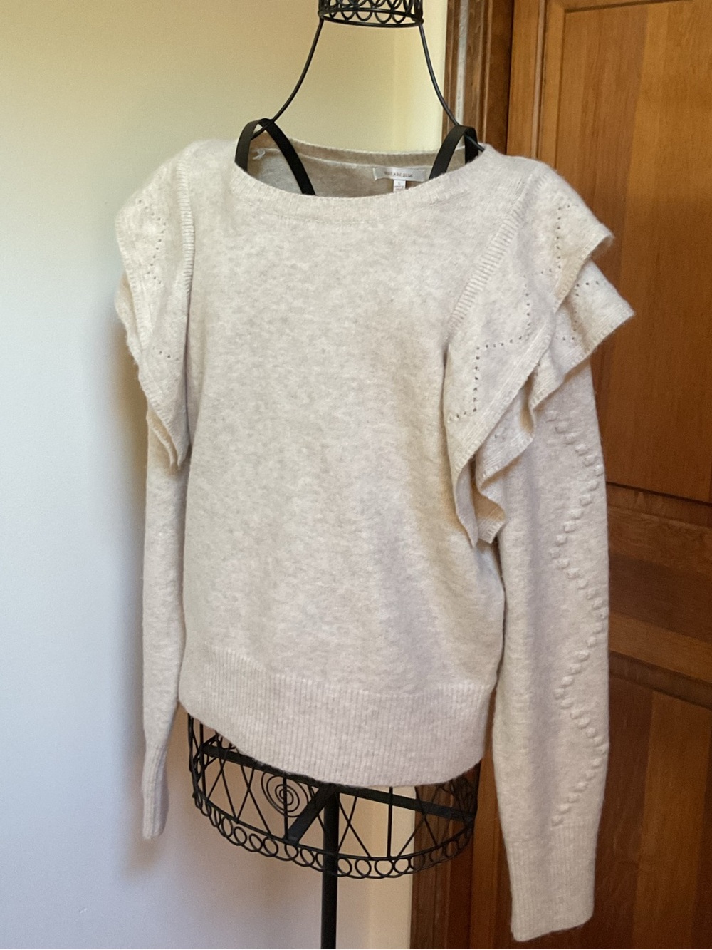 Skies are Blue Cream Ruffle-Shoulder Women's Sweater, Large